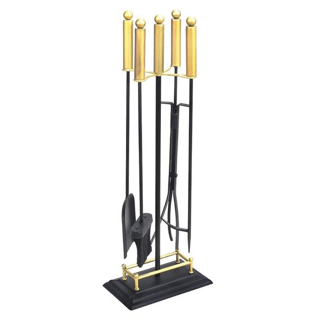 Barton Rustic Wrought Iron 5 Pieces Fireplace Tools Black & Gold Wrought Iron Stand Poker Shovel Tongs Brush Fire Set