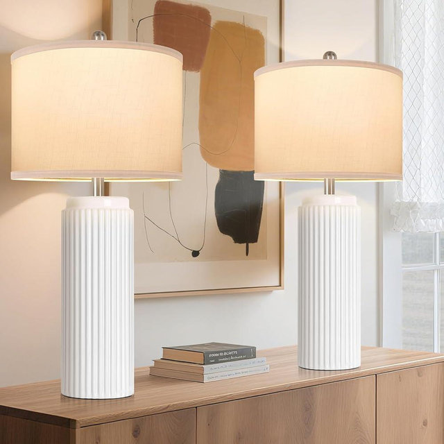 TOBUSA 28’’ Modern White Ceramic Lamps Set of 2 for Living Room, Vintage Nightstand Lamps for Bedroom, Farmhouse Bedside Lamps with Linen Shade, Elegant Decor Lamp Sets for Home Office
