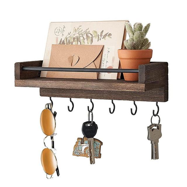 Mkono Key Holder for Wall, Small Rustic Wood Floating Shelf with 6 Hooks Decoractive Display Key Hanger for Living Room, Entryway, Bedroom, Bathroom,Office，9.5 x 3.5 x 2.5 in