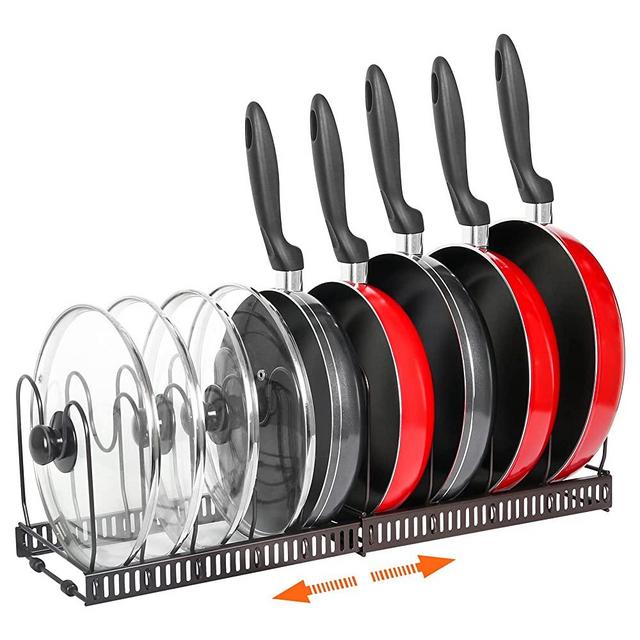 Pot Rack Organizer -Expandable Pot and Pan Organizer for Cabinet,Pot Lid Organizer Holder with 10 Adjustable Compartment for Kitchen Cabinet Cookware Baking Frying Rack,Bronze