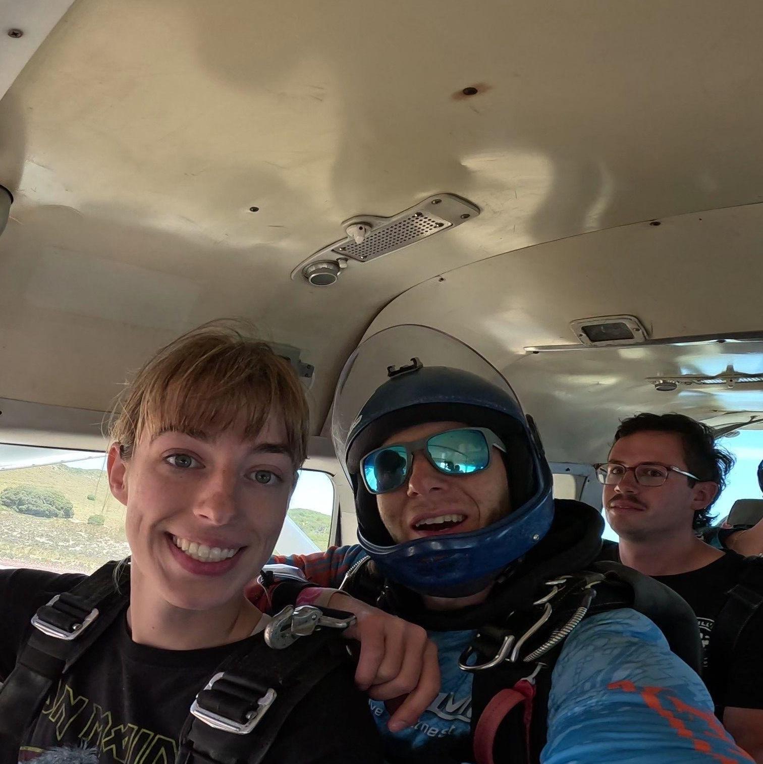 John-Luc and Grace in the plane before tandem skydiving over Rottnest Island. She was more frightened than him until the plane took off!