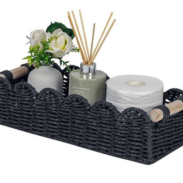 CubesLand Toilet Paper Storage Basket Scalloped Edge Home Decor Basket, Living Room Cozy Decor, Paper Rope Small Baskets for Over Toilet Storage Shelf, End Table, Shelves, with 2 Wooden Handles, Black