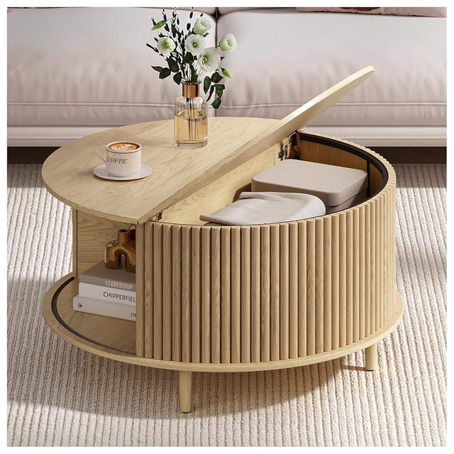 Vanvuson Round Coffee Table with Storage, 31.5" Mid Century Modern Coffee Table with Sliding Door & Solid Wood Legs, Minimalist Fluted Center Table for Living Room, Home Small Space, Oak