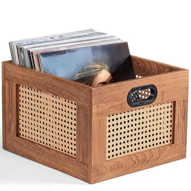 LELELINKY Vinyl Record Storage Crate, Rattan Wooden Record Crate for Vinyls, Vinyl Record Holder with Handle, Multifunctional Records Stand Holder Vinyls Organizer for 75 LPs, Tea Brown