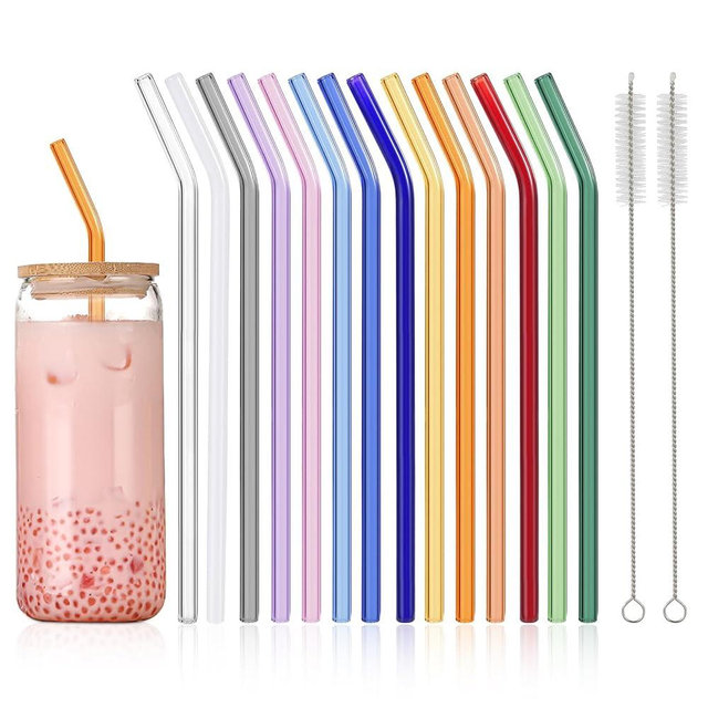 14 Pcs Reusable Bent Colorful Glass Straws,9''x8 mm Shatter Resistant Cute Drinking Straws with 2 Cleaner Brush for Coffee,Juice,Cocktail,Teas,Beverages