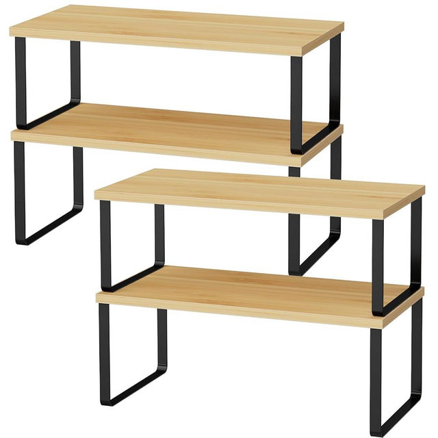 OGEMXU Cabinet Shelf Organizers, 15.7 inches Large Kitchen Counter Shelf, Set of 4 Wood Kitchen Pantry Organizer, Storage Shelves for Countertop, Spice Rack, Stackable, Expandable, Metal Black, Nature