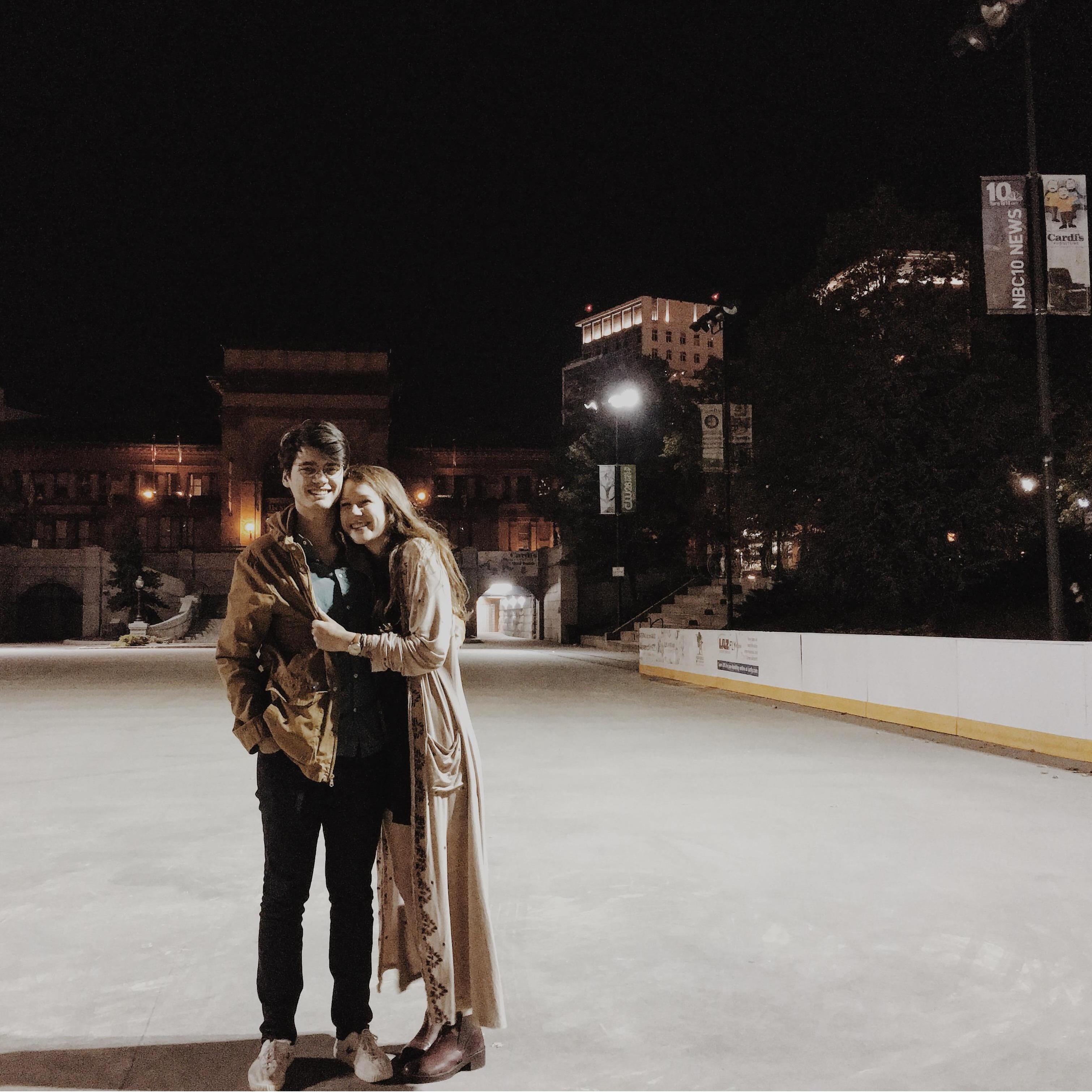 The first time Harper went to Rhode Island on fall break. The backdrop is an ice skating rink that was closed.