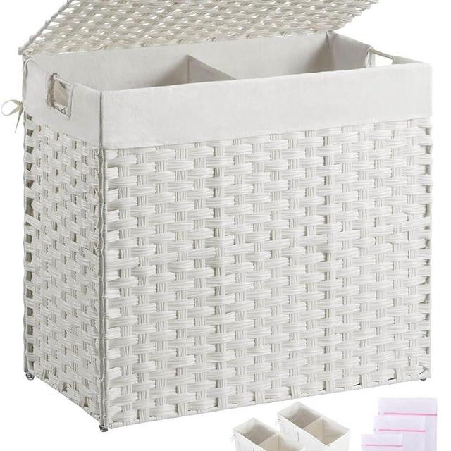 Greenstell Laundry Hamper with lid, No Install Needed, 130L Wicker Laundry Baskets Foldable 2 Removable Liner Bags, 2 Section Clothes Hamper Handwoven Rattan Laundry Basket with Handles, White