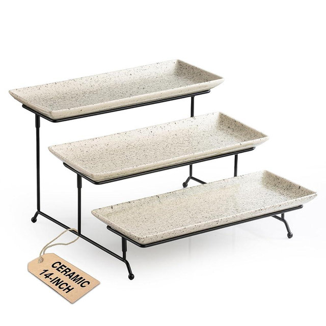 LAUCHUH 3 Tier Serving Trays for Party, 14 inch Porcelain Tiered Tray Stand Serving Platter with Collapsible Sturdier Rack Serving Dishes for Father's Day Entertaining, Speckled Glaze