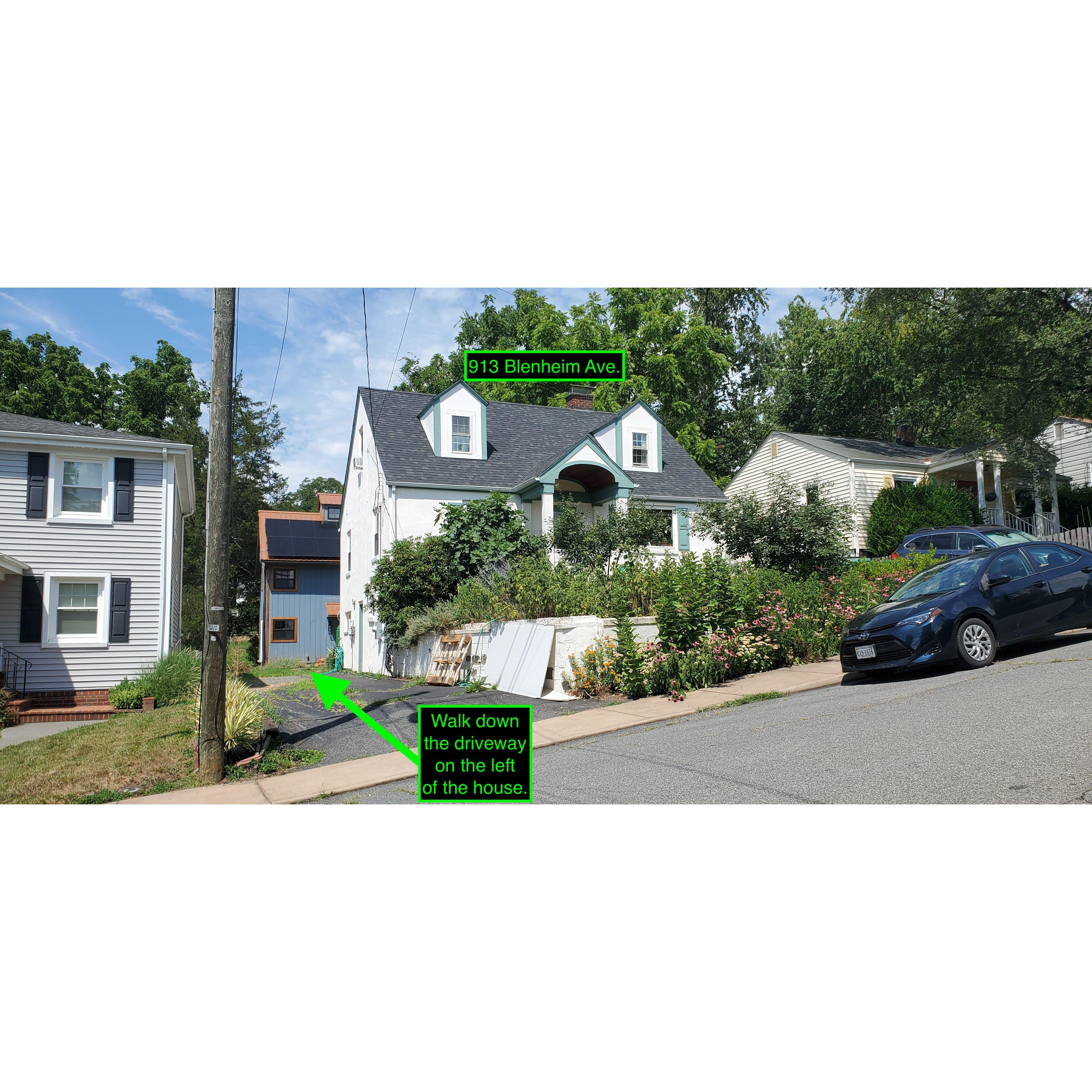 913 Blenheim Ave. We will have the wedding ceremony in the music barn located in the backyard of the house. Please proceed down the driveway on the left side of the house.