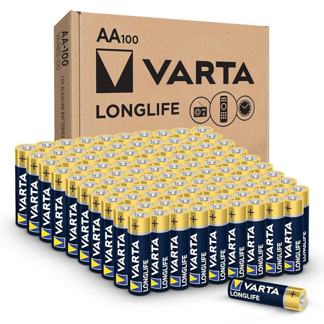 Varta Longlife AA Batteries (100 Pack), Alkaline Double A Battery