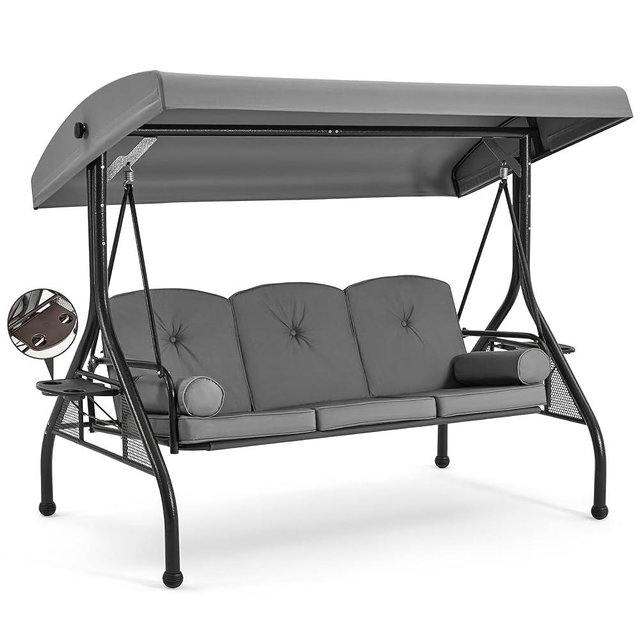 HOMREST 3 Seat Outdoor Porch Swing with 1.5" Deep Cup Holder, Adjustable Canopy,Patio Swing Bed with Stand, Patio Glider Swing with Thicken Cushions, Pillow（Grey）