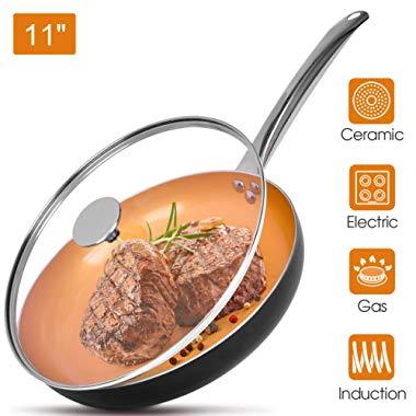 11" Copper Nonstick Frying Pans with Lid - Chef's Classic Skillet with 100% PFOA-Free, Saucepan Ceramic Titanium Coating w/Stone-Derived Non-Stick Coating Skillets, Stainless Steel Handle Cooking Pan