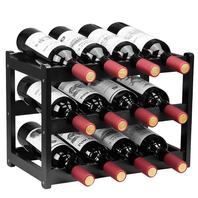 Homevany Bamboo Wine Rack, Sturdy and Durable Wine Storage Cabinet Shelf, Wine Racks Countertop for Pantry - 3 Tiers 12 Bottle Wine Rack, Black