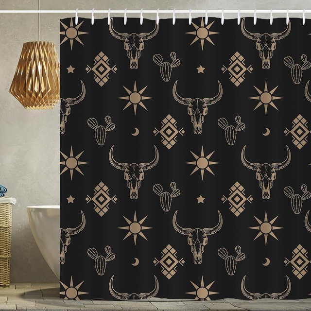 Western Bull Skull Shower Curtain Boho Cow Longhorn Skull Head Cactus Bohemian Black and Gold Shower Curtain with Hooks 72x72 Inch Waterproof Polyester Bathroom Curtain (Black Gold Bull Skull)
