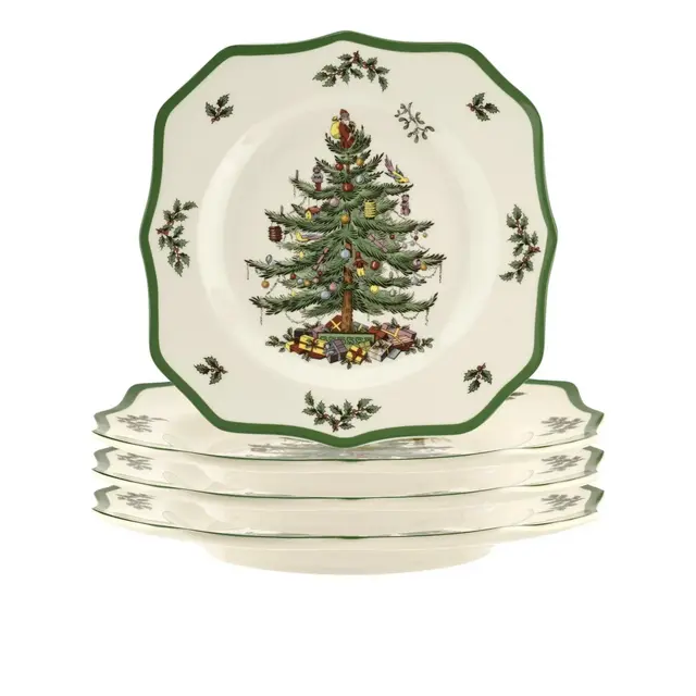Spode Christmas Tree Scalloped Dinner Plate - Holiday-Themed Stoneware Large Plate, Set of 4
