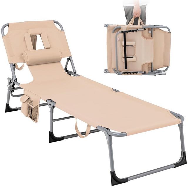 Tangkula Beach Chaise Lounge Chair with Hole for Face, Patio Folding Adjustable Reclining Beach Sunbathing Chair with Side Pocket, Portable Face Down Tanning Chair for Outdoor Backyard Poolside (1)