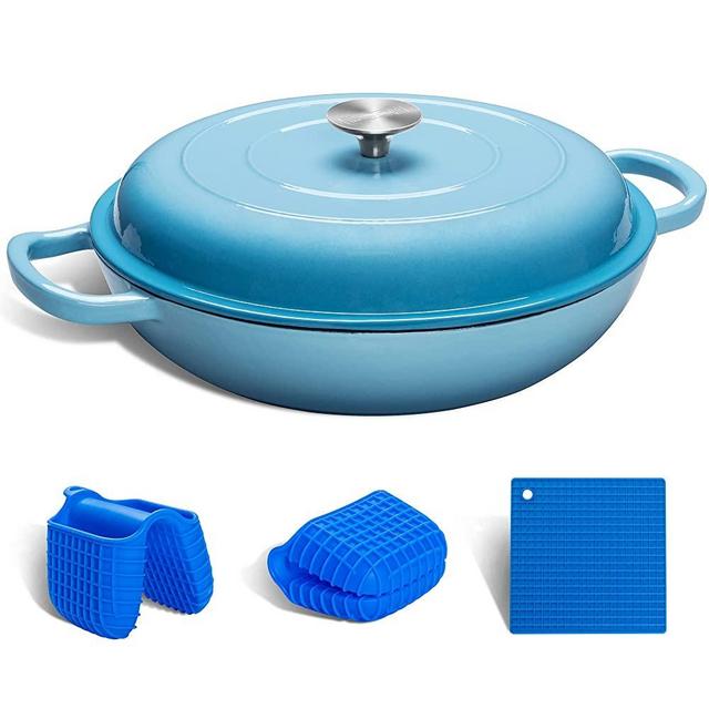 MICHELANGELO 3.5 Quart Enameled Cast Iron Braiser Pan with Lid, Cast Iron Casserole with Lid, Covered Casserole Cast Iron Enameled Cookware with Silicone Accessories, Oven Safe Braiser-Sky Blue