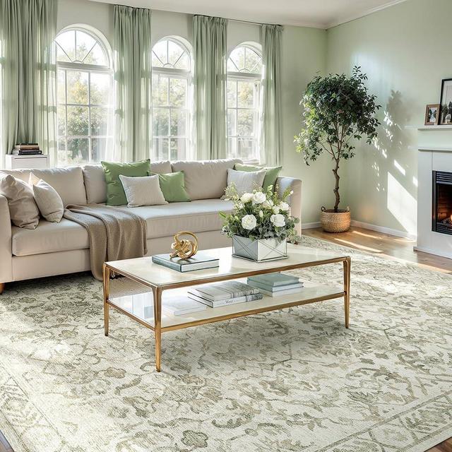 Deerly Area Rugs 9x12 for Living Room Soft Non-Slip, Large Bedroom Rug Vintage Floral Dining Room Rug Tribal Farmhouse Carpet for Bedroom Dining Room Office Beige Green