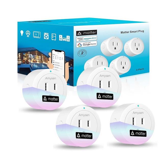 Amysen Matter Smart Plug, Works with Alexa,Apple Home, Siri, Google Home, SmartThings, Smart Outlet 10A/1250W Max, Smart Home Automation with Remote Control,Timer&Schedule, 2.4G Wi-Fi Only, 4Pack