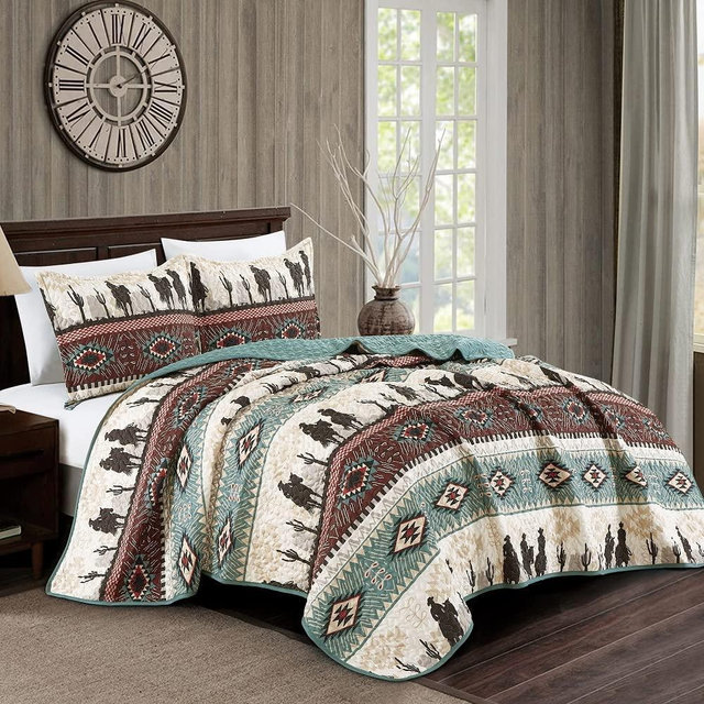 Jaba/WPM Western Teal/Beige/Burgundy Cowboy Desert Southwestern Print Bedspread 3 Piece west Theme Cabin Lodge Ranch Design Coverlet Quilt Set-Kadence 22366 (Queen), Teal, Beige, Taupe Burgundy