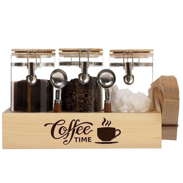 EQEY Glass Coffee Canister Set with Shelf & Spoons 3 Piece Coffee Containers for Ground Coffee Coffee Bean Storage Airtight Seal, Coffee Bar Coffee Filter Holder for Kitchen Organization