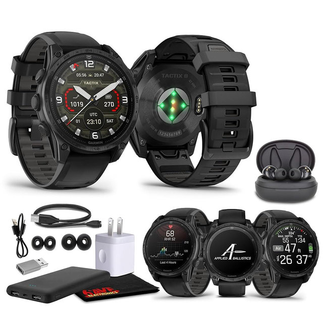 Garmin Tactix 8 47mm AMOLED Display Smart Watch, Built-in Flashlight, 16 Days Battery Life, Premium Tactical GPS Smartwatch, Includes Applied Ballistics Ultralight Solver Bundle with Earbuds and More