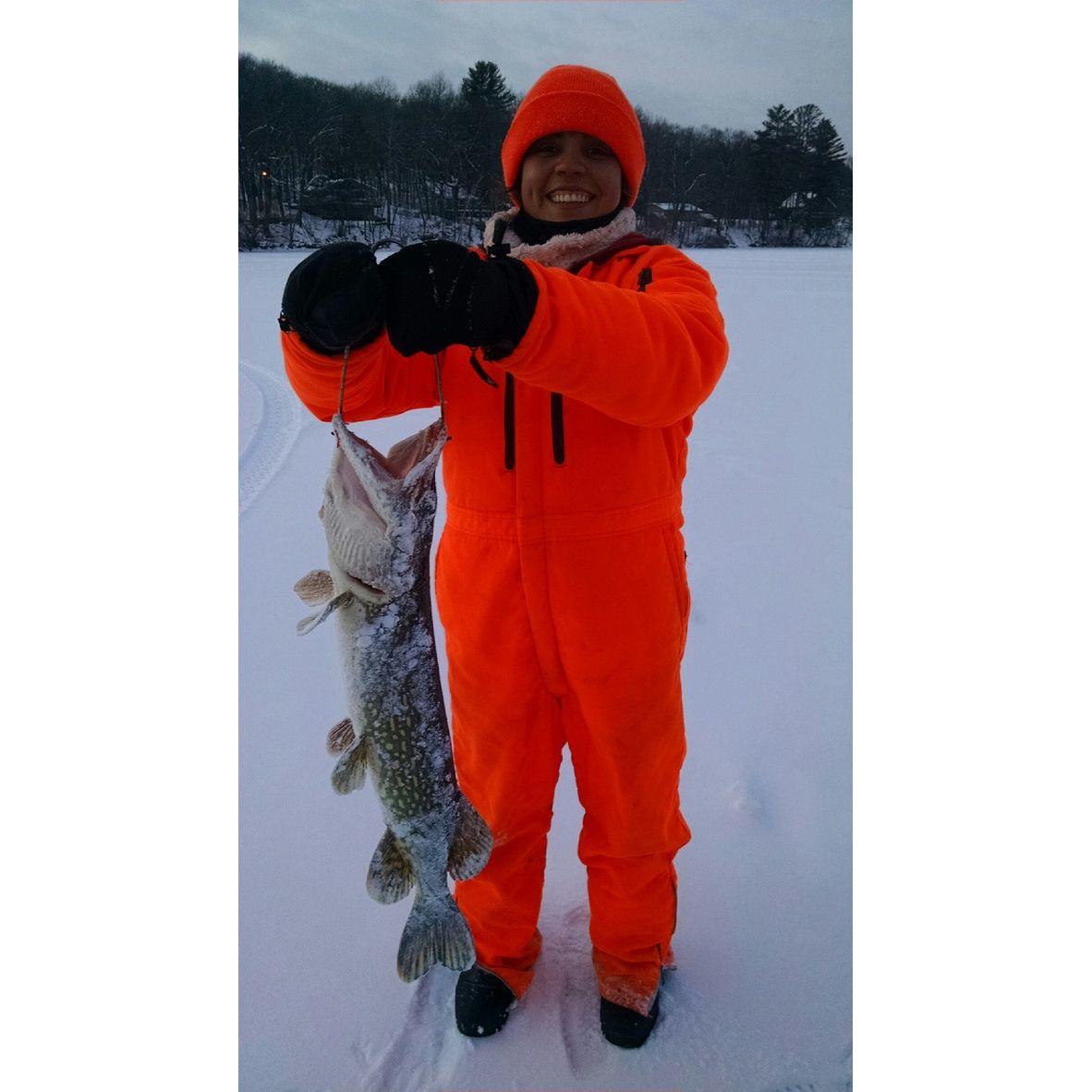 Troy bundled Mel in many layers to prepare her for her first ice fishing experience!
(featured: Fred the northern pike)
