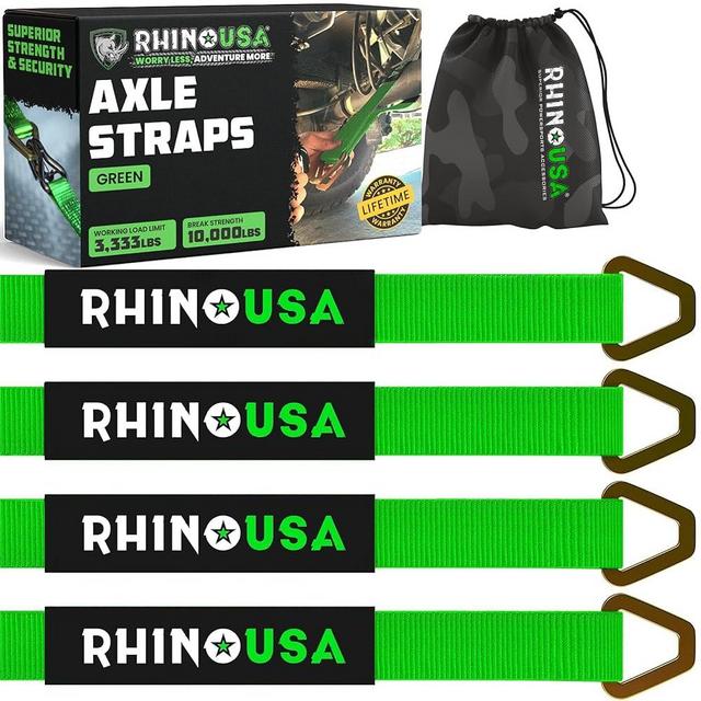 Rhino USA Axle Tie Down Straps - Lab Inspected 11,128lb. Break Strength - Heavy Duty Protective Sleeves & D Rings to Ensure Peace of Mind - Used for Car, Truck, Trailer, UTV & More! (4-Pack Set Green)
