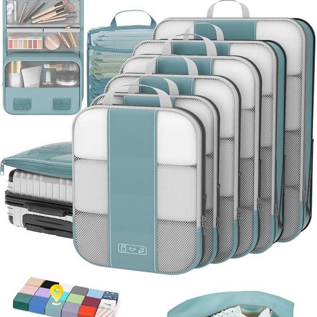 10 Set Compression Packing Cubes for Travel Essentials,Compressible Expandable Packing Cubes for Suitcase,OlarHike Luggage Organizer Bags for Travel,Handy Helper for Organizing Clothes(Blue Gray)