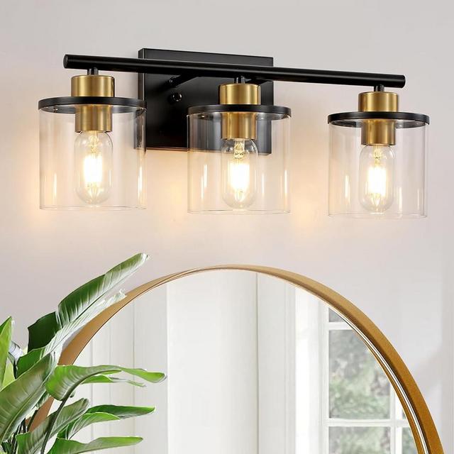 Gold and Black Bathroom Vanity Light Fixtures Over Mirror, 3-Light Light Fixtures for Bathroom, Modern Sconces Wall Lighting with Clear Glass Shade for Bathroom, Living Room, Bedroom, Hallway