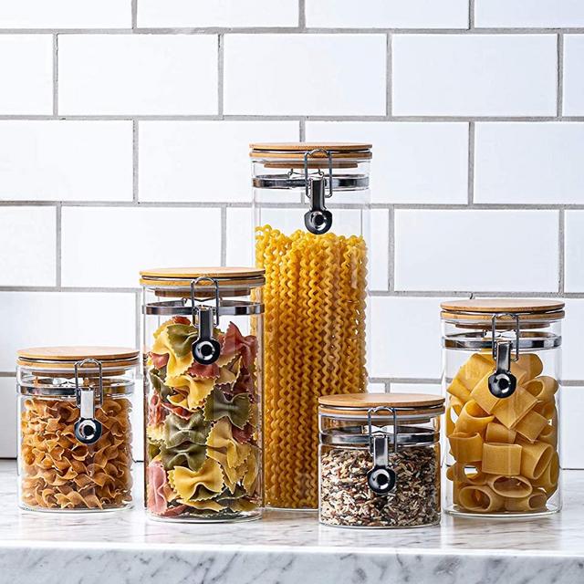 Set of 5 Round Canisters, Glass Kitchen Canister with Airtight Bamboo Clamp Lid, Glass Storage Jars for Kitchen, Bathroom and Pantry Organization Ideal for Flour, Sugar, Coffee, Candy, Snack and More…