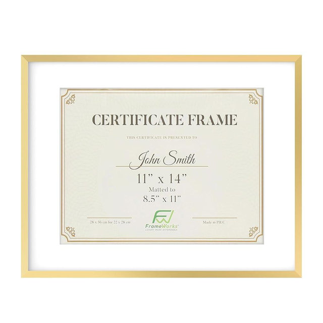 FrameWorks 11”x14” Matted to 8.5”x11” – Deluxe Brass Gold Aluminum Contemporary Diploma Frame with Tempered Glass and Removable Mat