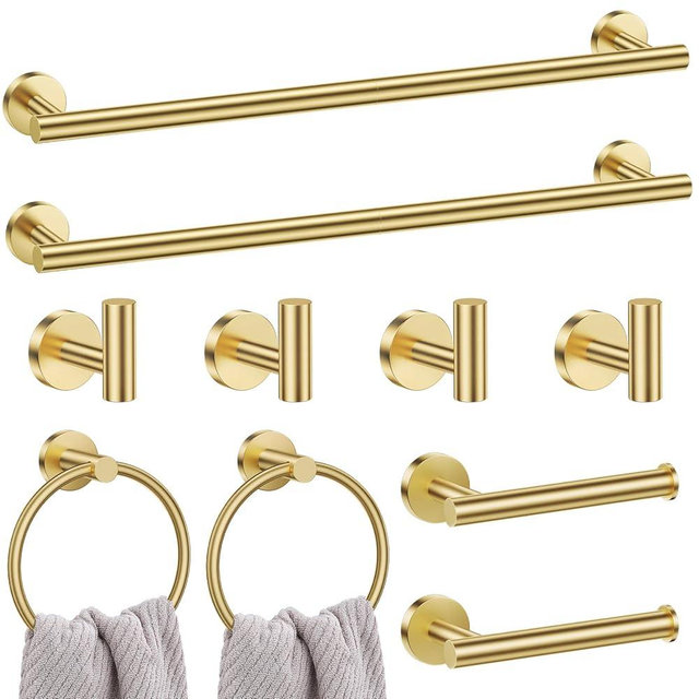 Lairuier Brushed Gold Bathroom Hardware Set, 10-Piece Towel Bar Set SUS304 Stainless Steel Bathroom Hardware Accessories Set Round Towel Holder Set Wall Mounted