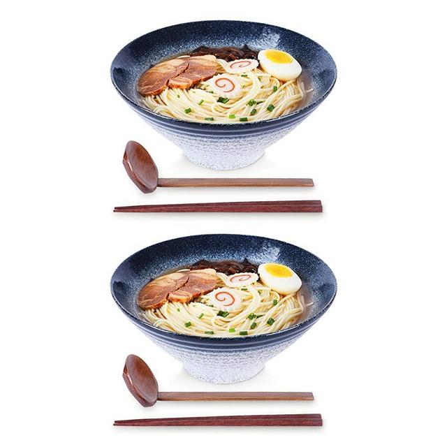 Ramen Noodle Soup Bowl, 2 Sets (6 Piece) 60 Ounce, with Matching Spoon and Chopsticks for Udon Soba Pho Asian Noodles, Large (Blue-Green)