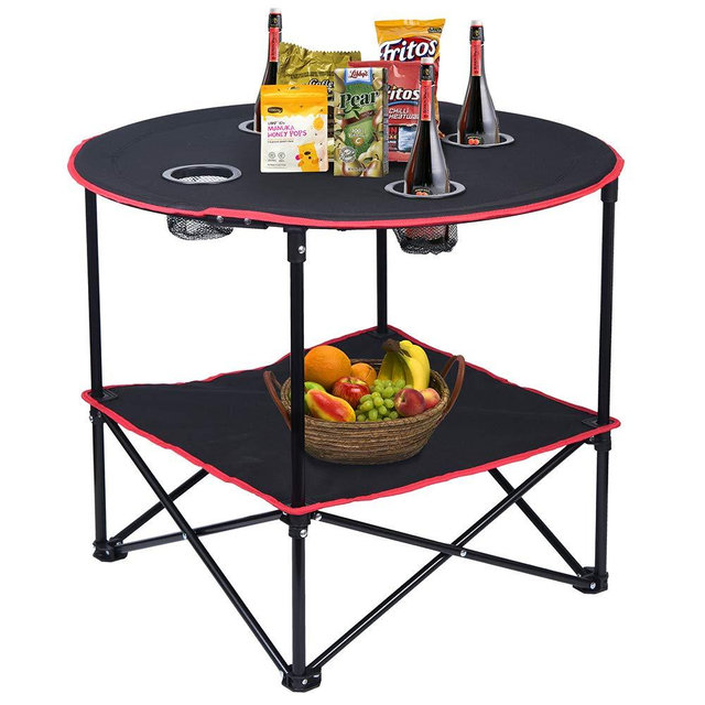 Folding Picnic Table Portable Camping Table with 4 Cup Holders and Carrying Bags Collapsible Canvas Travel Table for Barbecue Travel Fishing