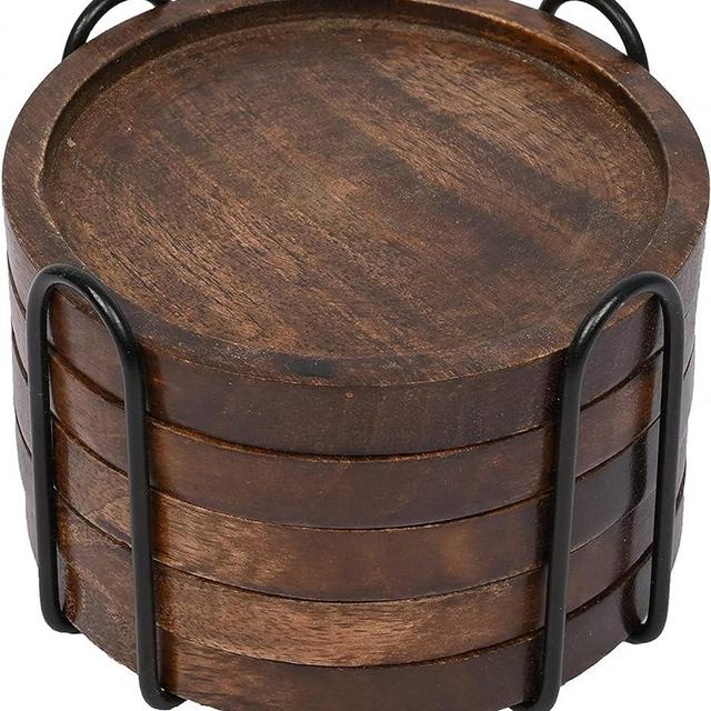 SAMHITA Mango Wood Coasters for Drinks with Iron Holder Stand Set of 5 for Countertop and Surfaces from Water Marks or Damage (4.5 x 4.5 x 0.5)