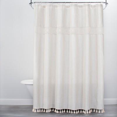 Solid Crochet with Tassels Shower Curtain White - Opalhouse™