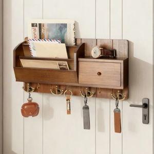 Wall Mount Key Holder With Mail Organizer, Drawer And Multiple Hooks, Space Saving Entryway Organizer For Home Decor And Wall Organization - Brown/Gold