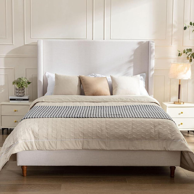 LOONGYOON Queen 54" Tall Headboard Wingback Upholstered Platform Bed Frame Elegant Simplicity Textured Canvas for Bedroom Strong Wood Slats Support No Box Spring Needed Easy Assembly No Noise Ivory