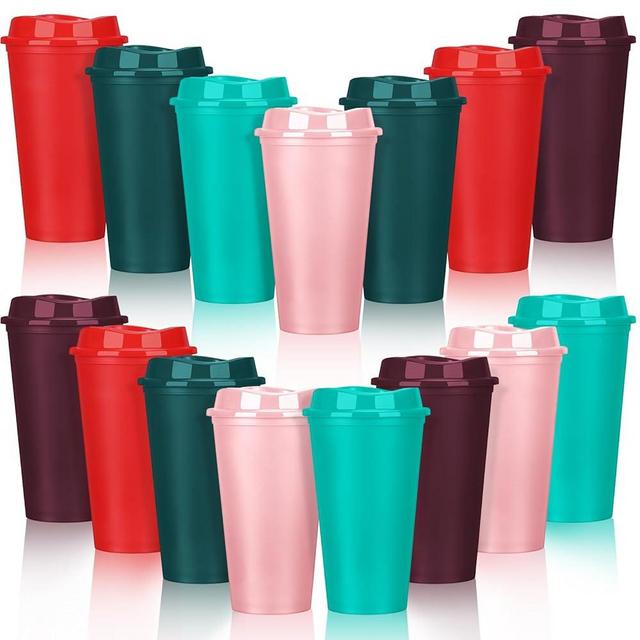 Domensi 15 Pack Reusable Coffee Cups with Lids Bulk 16 oz Travel Mug Plastic Coffee Tumblers for DIY Hot Cold Drink Party Favors Gift Coworker, Microwaveable (Multi Colors)