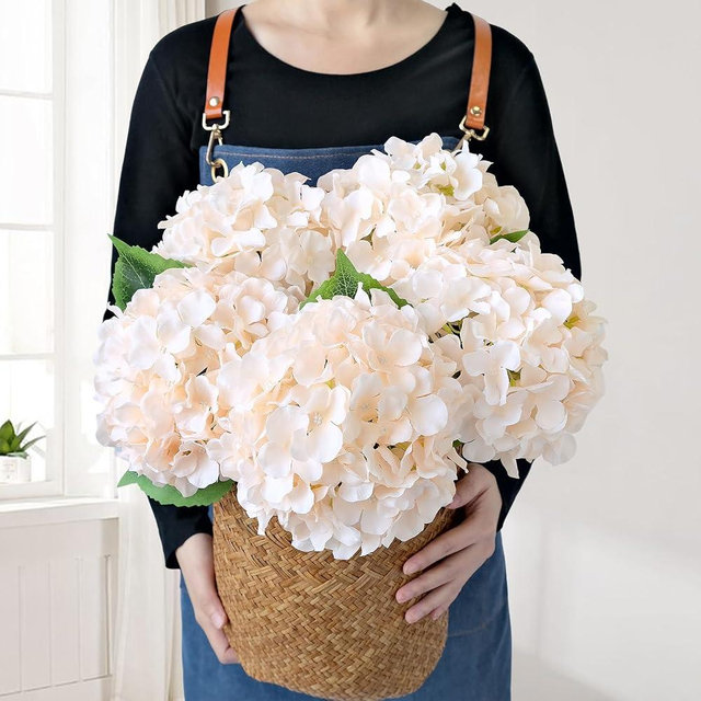 JINWOE 5Pcs Boho Silk Hydrangea Artificial Flowers, 20Inch Large Lifelike Flowers, Full Nature Artificial Hydrangeas with Stems for Indoor Bouquet Table Centerpieces Home Bohemian（Nude&Champagne）