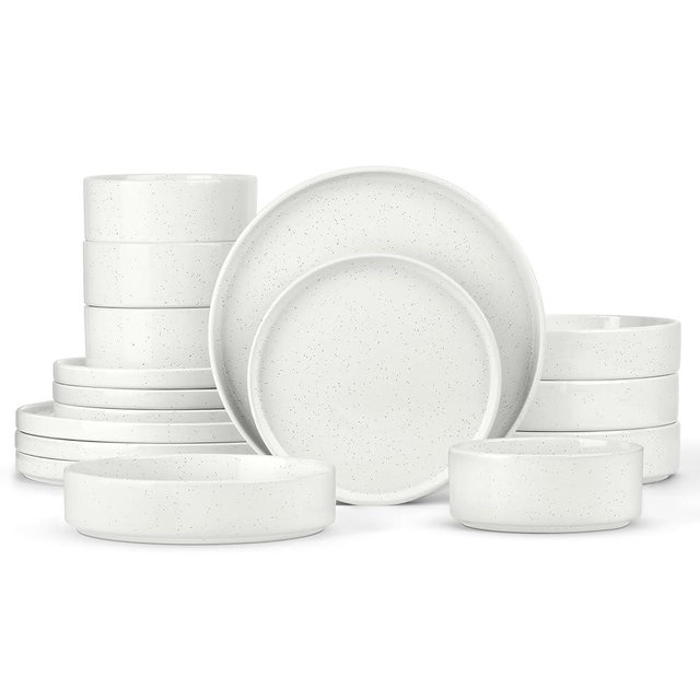 Herogo Dinnerware Sets with Pasta Bowls, 16 Piece Plates and Bowls Set for 4, Stoneware Dinner Dishes for Kitchen Dinning, Dishwasher & Microwave Safe, Speckled White