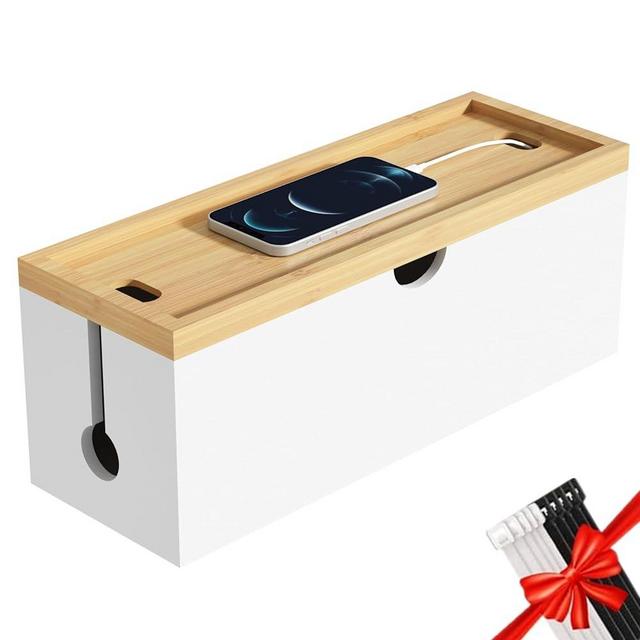 Bamboo Cable Management Box, Large Cord Organizer Box Cable Box to Hide Wires & Power Strips for Desktop Storage Cord Holder for Office Home,No Assembley Required