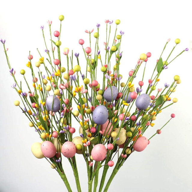 J'FLORU 6 pcs Artificial Easter Stems, Colorful Berry Picks Berry Stems with Easter Eggs for Home Centerpiece Vase Windowsill Decor and Spring Summer Holidays