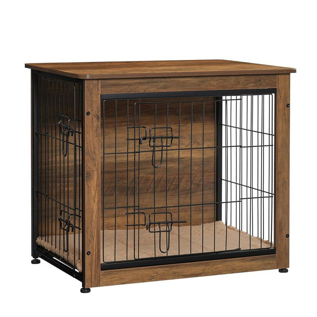 DWANTON Dog Crate Furniture with Cushion, Wooden Kennel Table with Double Doors, Indoor Dog House, Small/Medium/Large Size, 27.2" L, Warm Brown