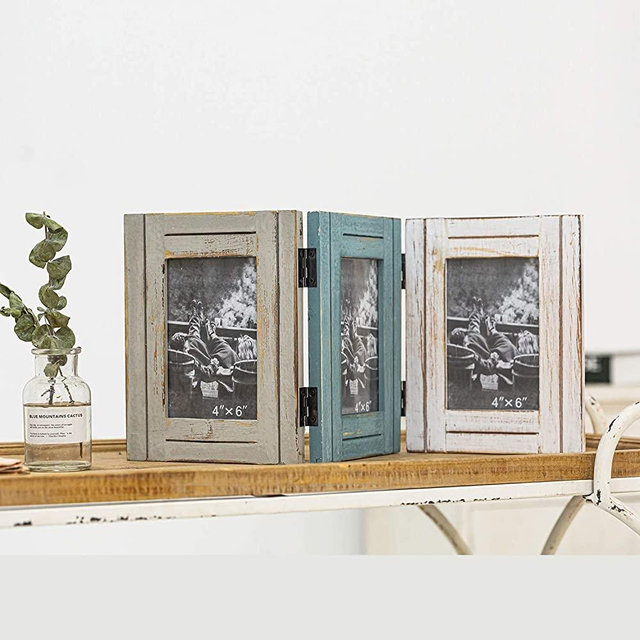 Rustic Trifold Picture Frame 3 Folding 5X7 Hinged Triple Distressed Photo Frame for Home Office Desk, Gift for Halloween, Thanks Giving Day, Christmas, New Year, Birthday, Anniversary, Mother's Day