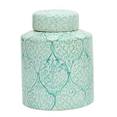 Creative Co-op Blue & White Decorative Ceramic Ginger Jar with Lid