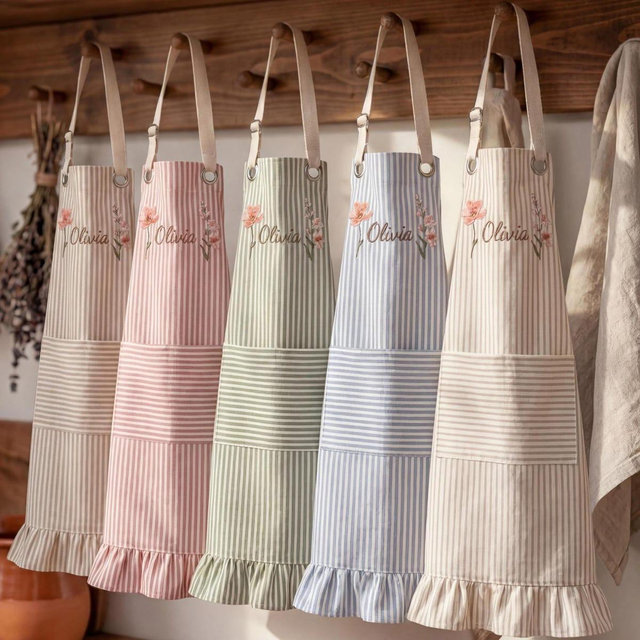 Personalized Embroidered Apron for Women, Custom Name Apron, Striped Ruffle Kitchen Apron, Florist Birth Month Gift, Mother's Day Gift