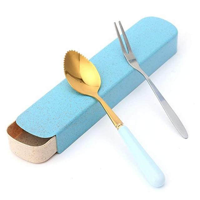 Grapefruit Spoons with Ceramic Handle, Stainless Steel Grapefruit Dessert Spoon and Fruit Fork Set with a Storage Box for Easy Portability - (Blue Gold)